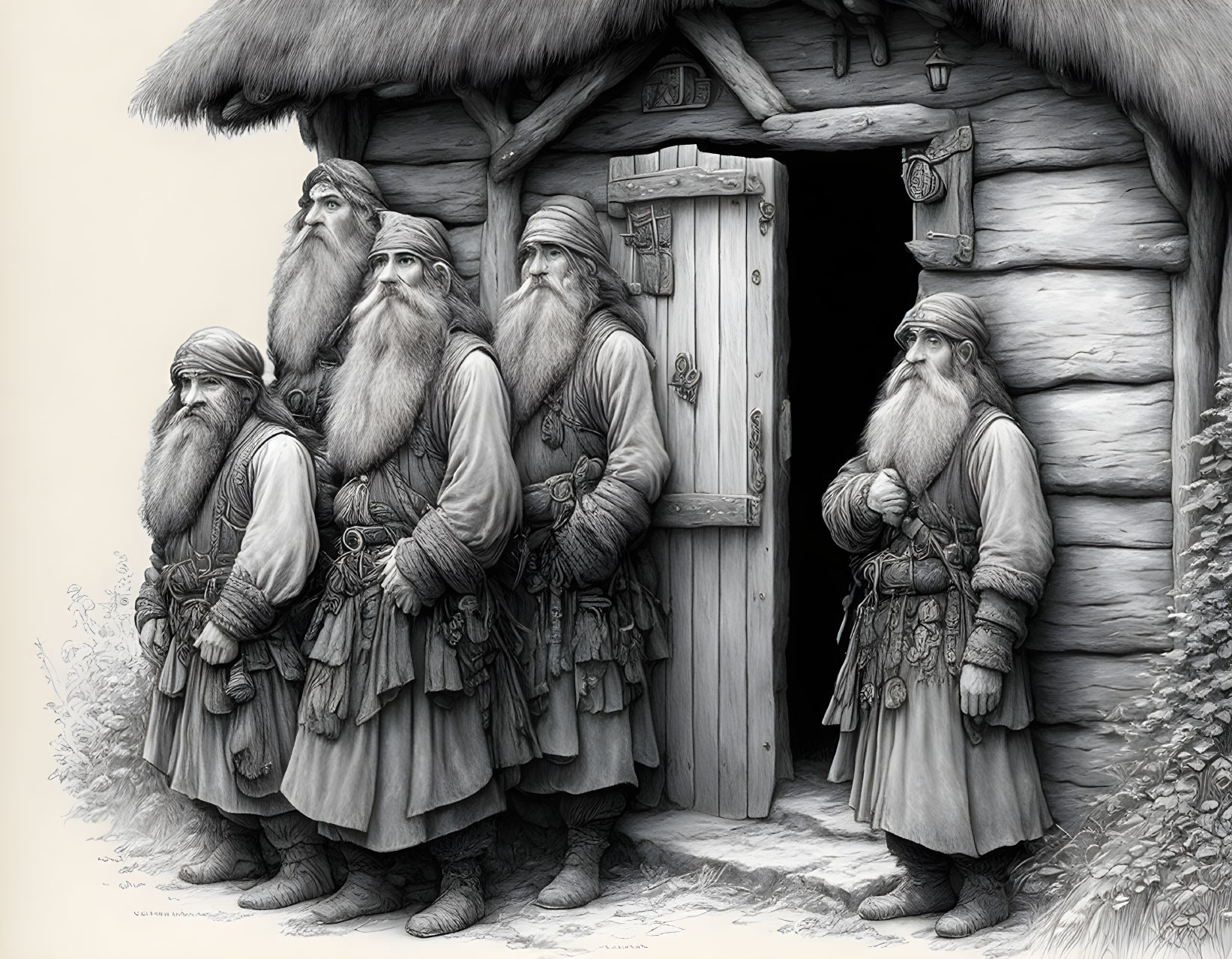 Four Bearded Dwarves in Medieval Attire at Wooden Cabin Door