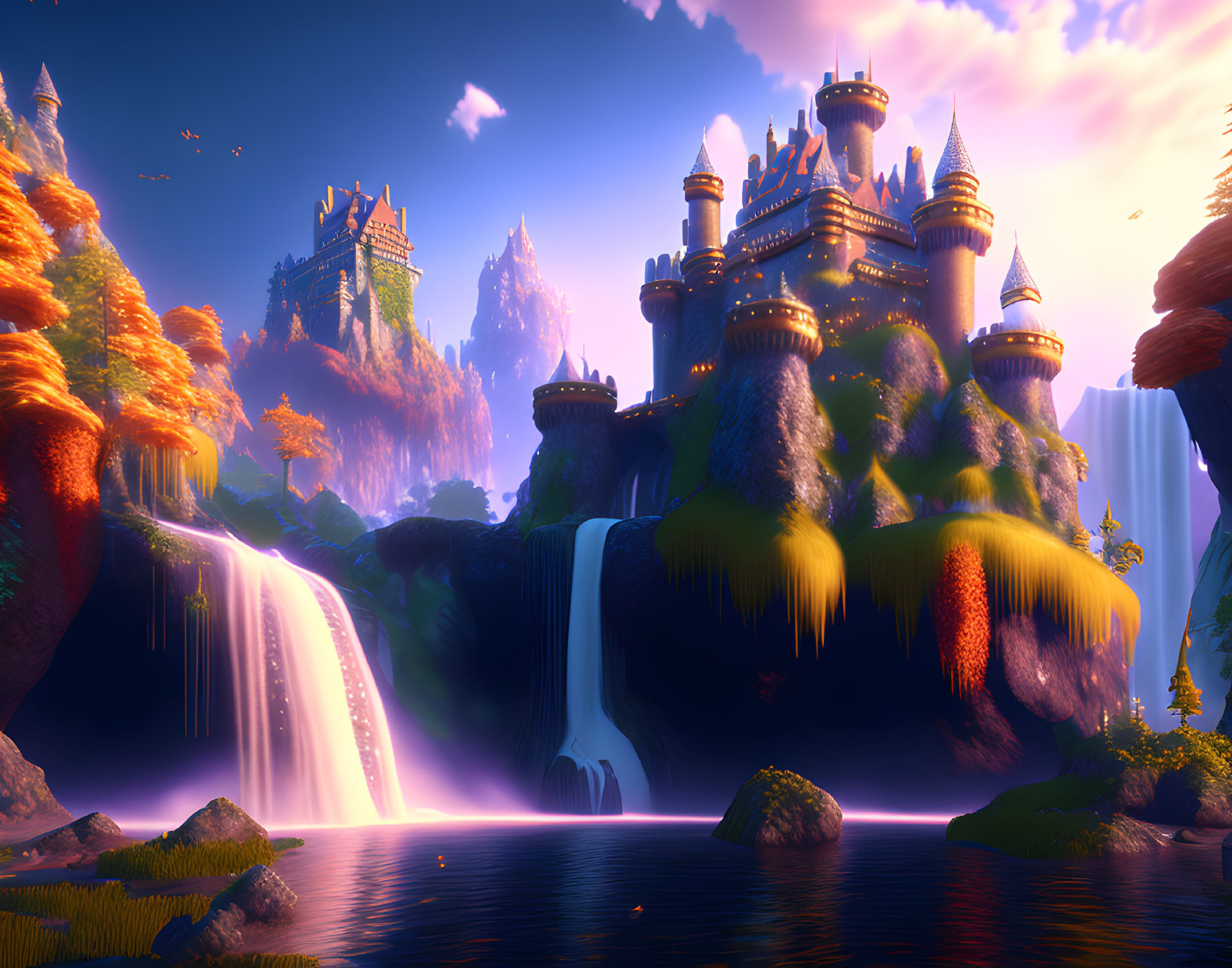 Fantastical castle with spires in autumnal landscape