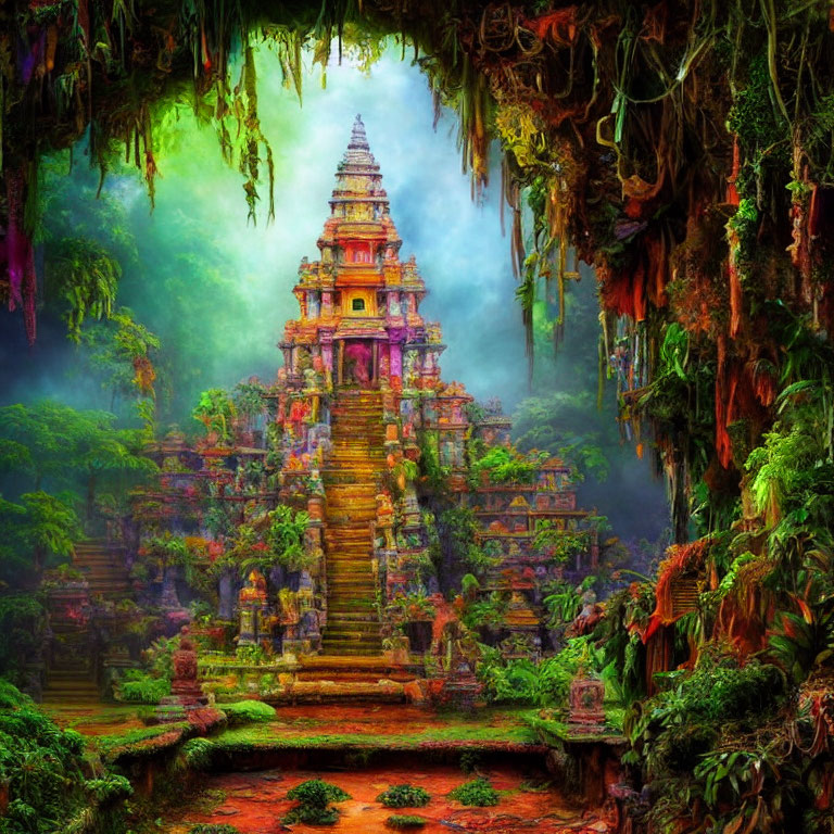 Ancient temple in lush jungle under mystical green light