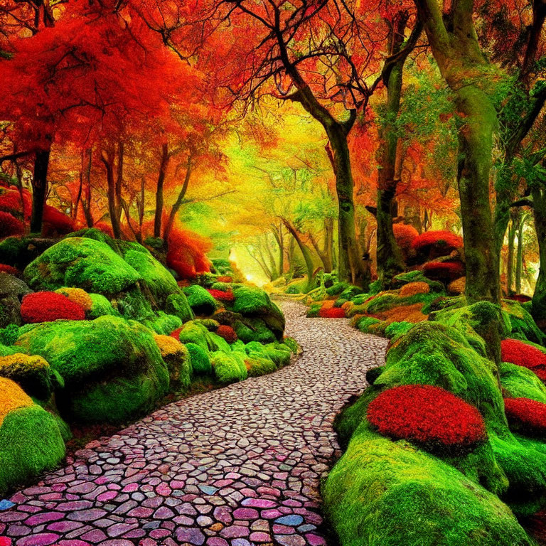 Vibrant forest path with moss-covered stones and red autumn trees