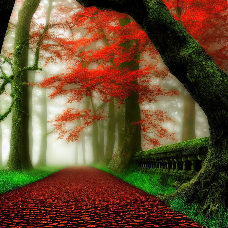 Vibrant red-leafed tree in misty forest with red pathway and stone balustrade