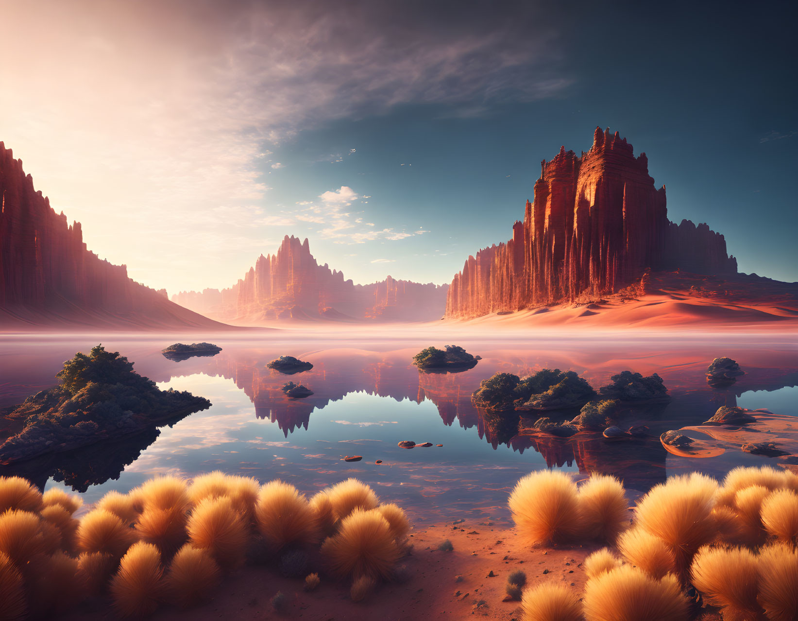 Alien landscape with red rock formations, reflective lake, golden foliage, hazy sky