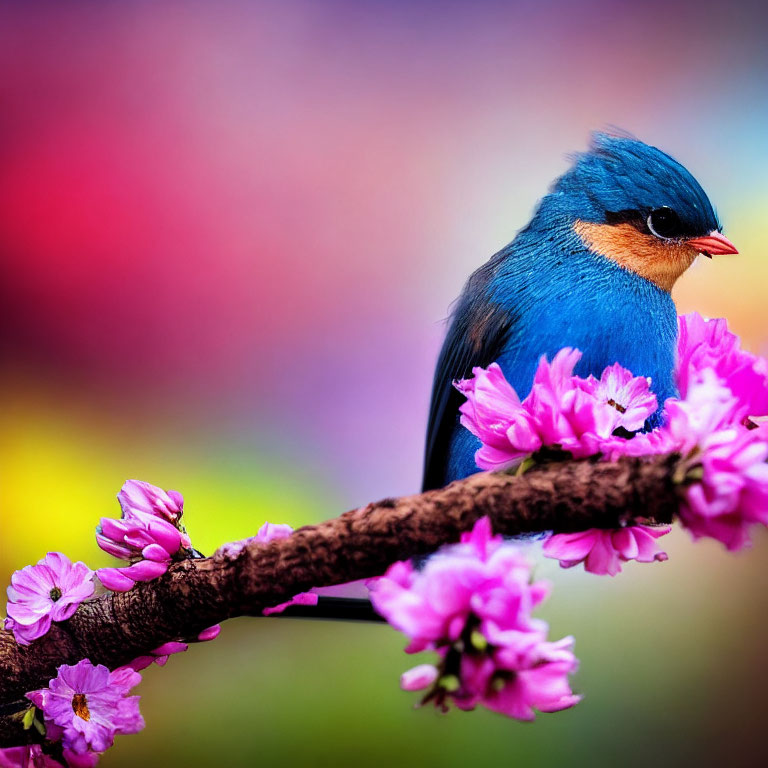 Colorful Bird Perched on Blossoming Branch Against Rainbow Sky