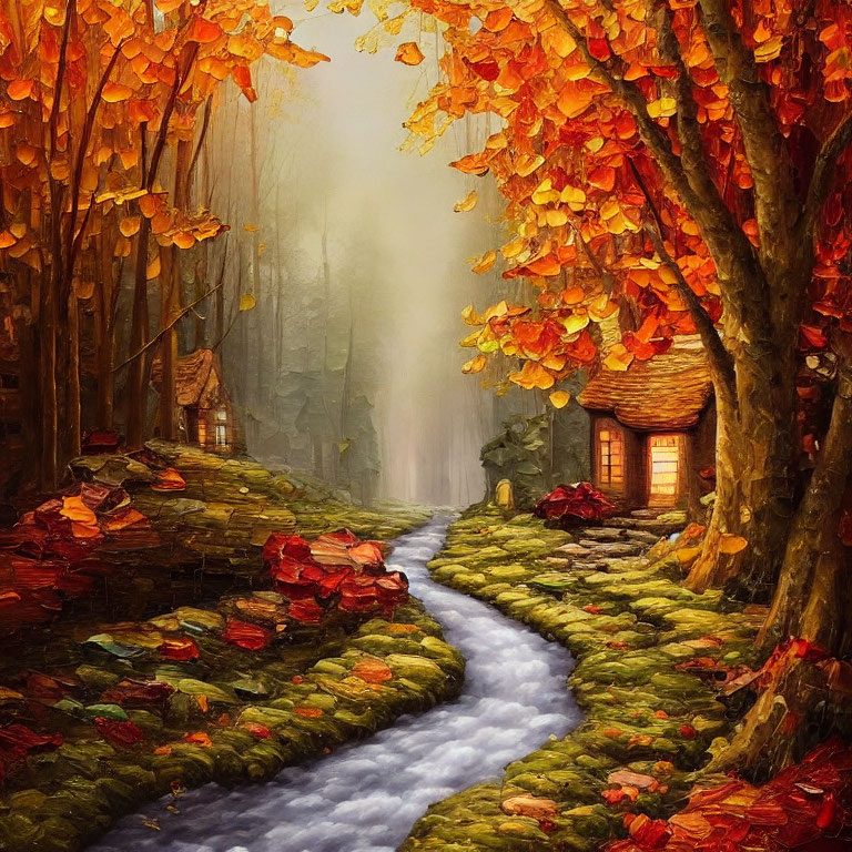 Tranquil stream in autumn forest with cozy cottage and warm light