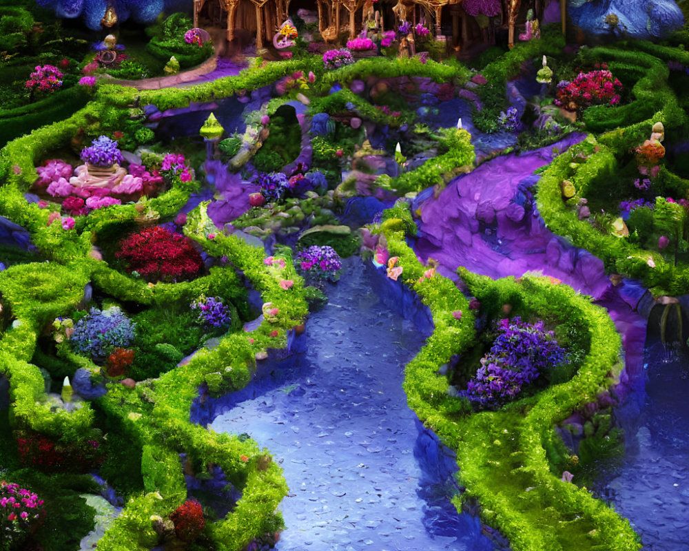 Colorful Fantasy Garden with Blue River and Whimsical House