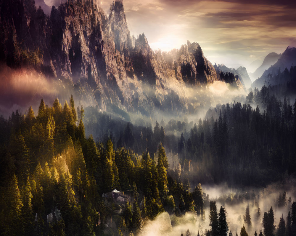 Sunrays piercing mist over mountain forest at sunset