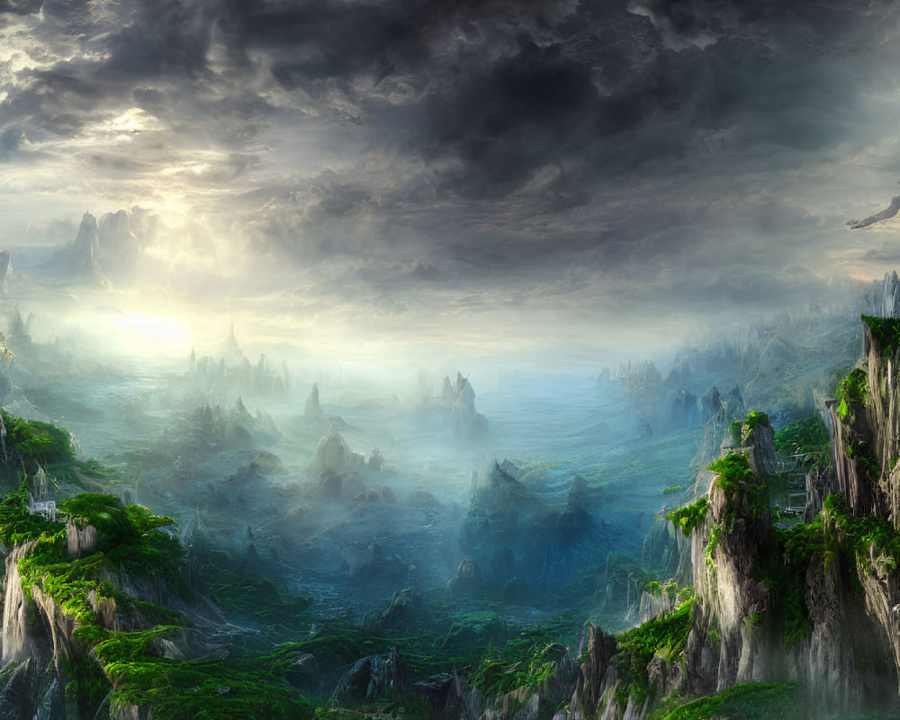 Mystical landscape featuring towering cliffs, waterfalls, ancient ruins, and dramatic sky