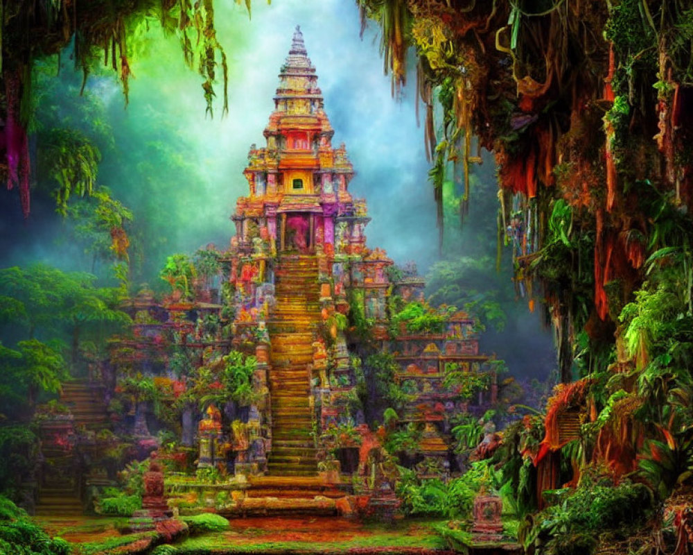 Ancient temple in lush jungle under mystical green light