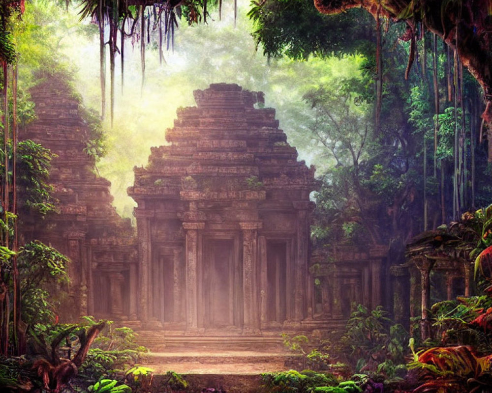 Ancient temple in vibrant jungle with sunlight filtering through foliage