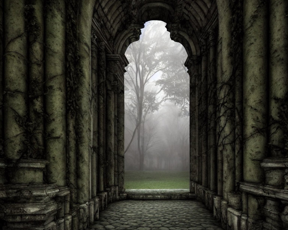 Ancient stone archway in foggy forest with tree silhouette, moss walls, cobblestone.