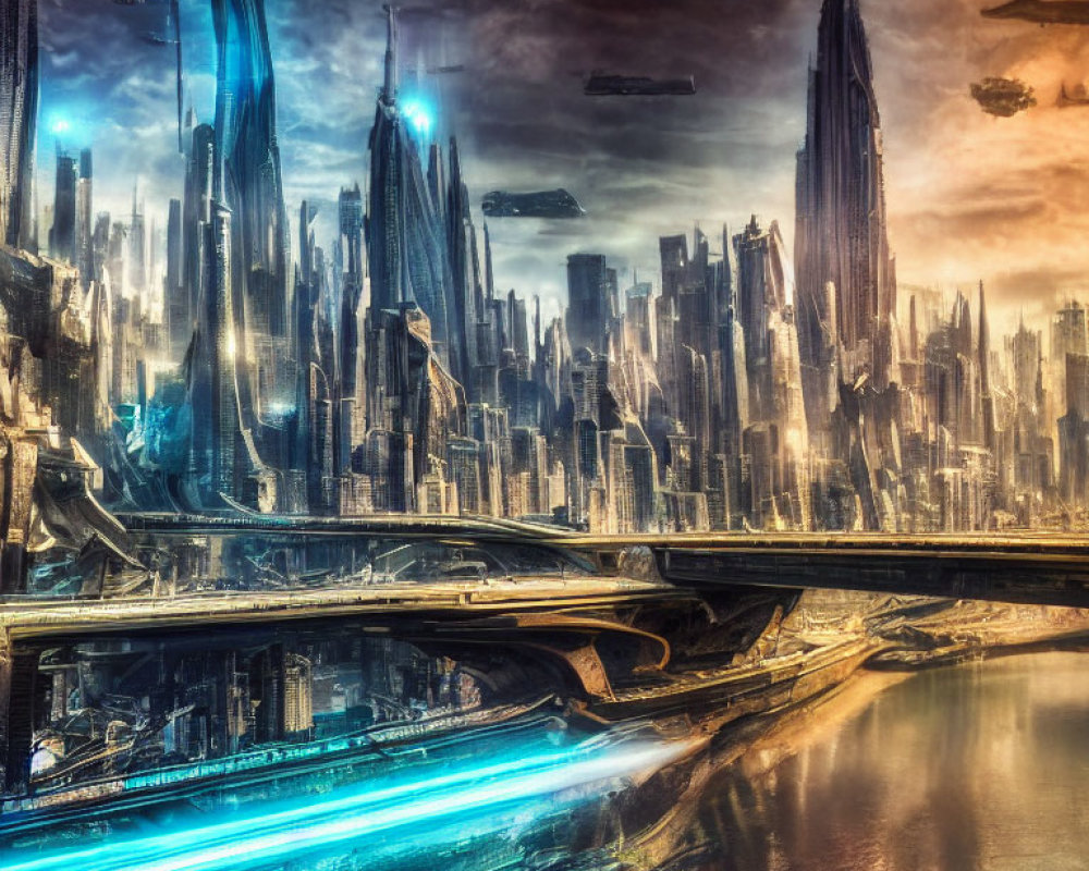 Futuristic cityscape with skyscrapers, neon lights, flying vehicles, and dramatic sky