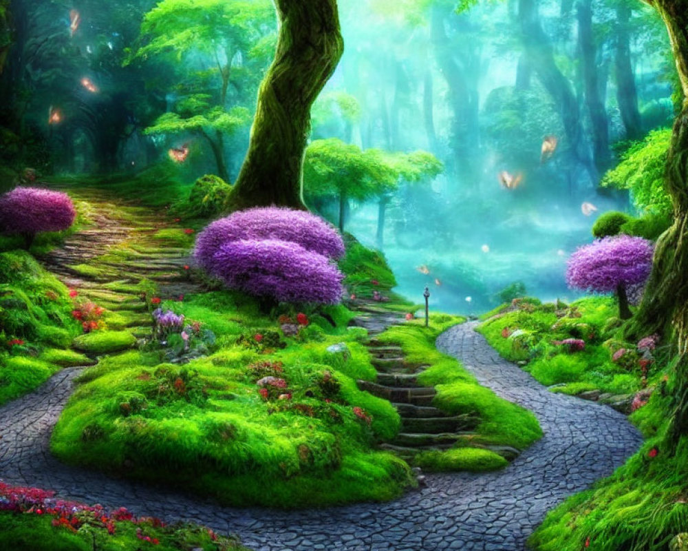 Enchanting forest path with glowing fireflies and stone staircase