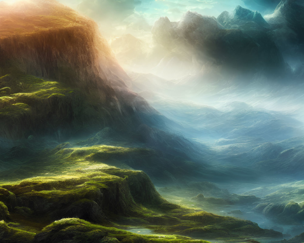 Mystical landscape with glowing sunlit peak and dynamic sky