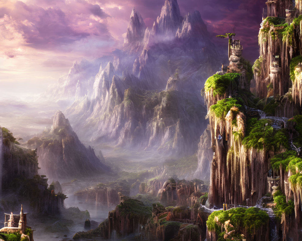 Mystical landscape with mountains, waterfalls, greenery, and castle-like structures