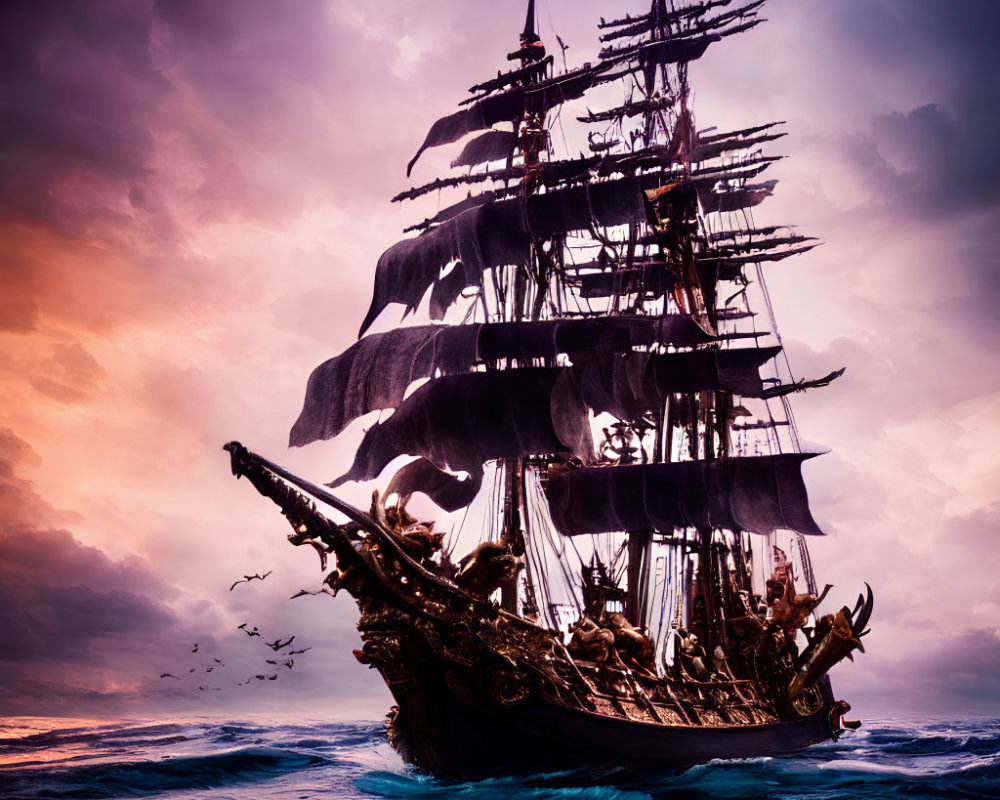 Imposing Pirate Ship with Black Sails in Tumultuous Ocean at Sunset