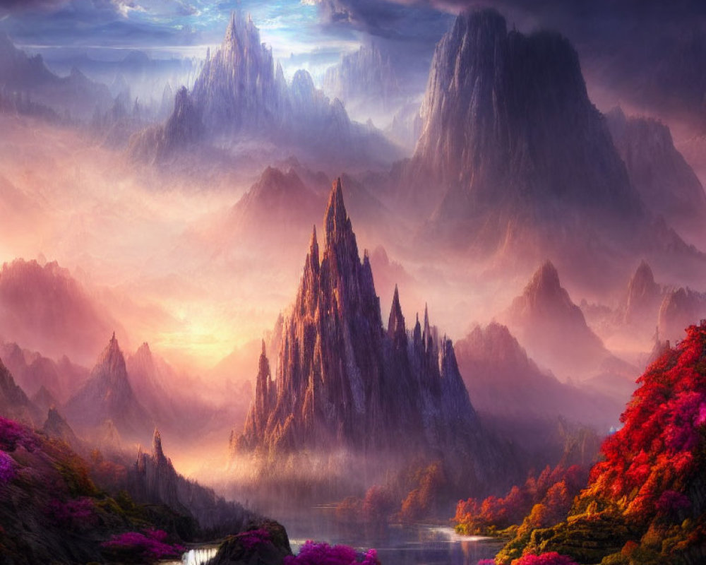 Vibrant pink foliage, majestic mountains, serene river in fantastical landscape