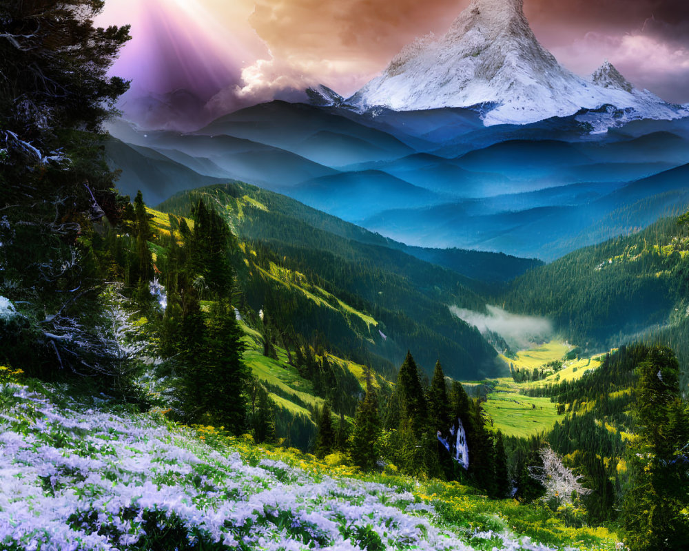 Scenic mountain landscape with snowy peak, green hills, flowers, and sunrise.