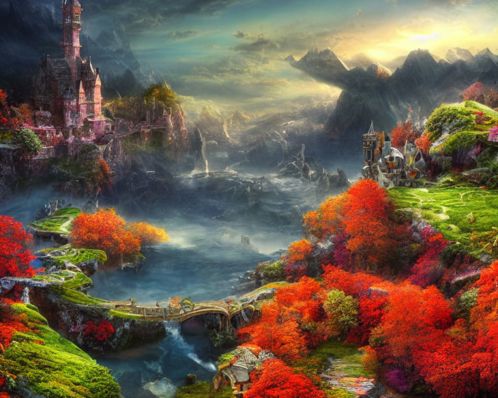 Majestic fantasy landscape with castle, autumn trees, rivers, bridges, and mountains