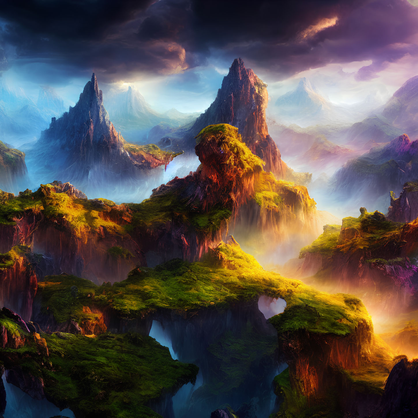 Colorful fantasy landscape with towering rock formations and floating islands.