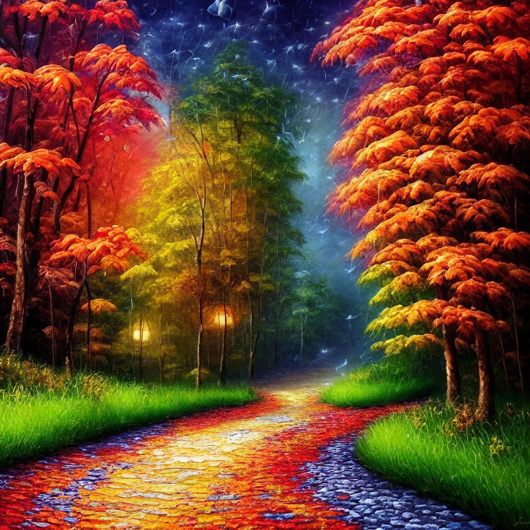 Colorful forest path with red foliage and green grass under starry sky