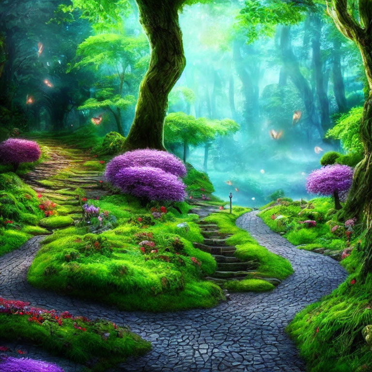 Enchanting forest path with glowing fireflies and stone staircase