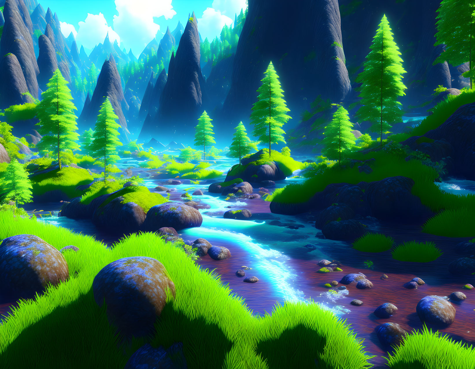 Luminous river in vibrant digital landscape