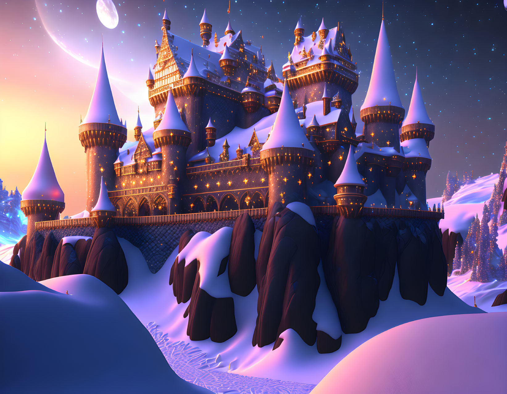 Majestic castle with spires and towers in snowy night scene