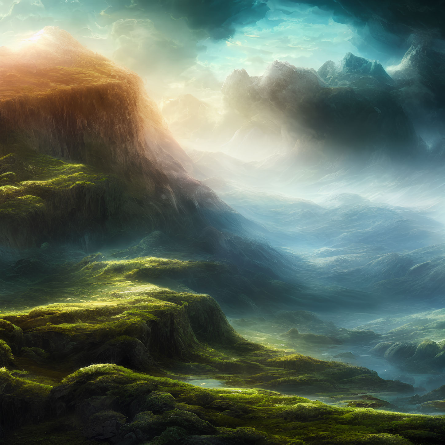 Mystical landscape with glowing sunlit peak and dynamic sky