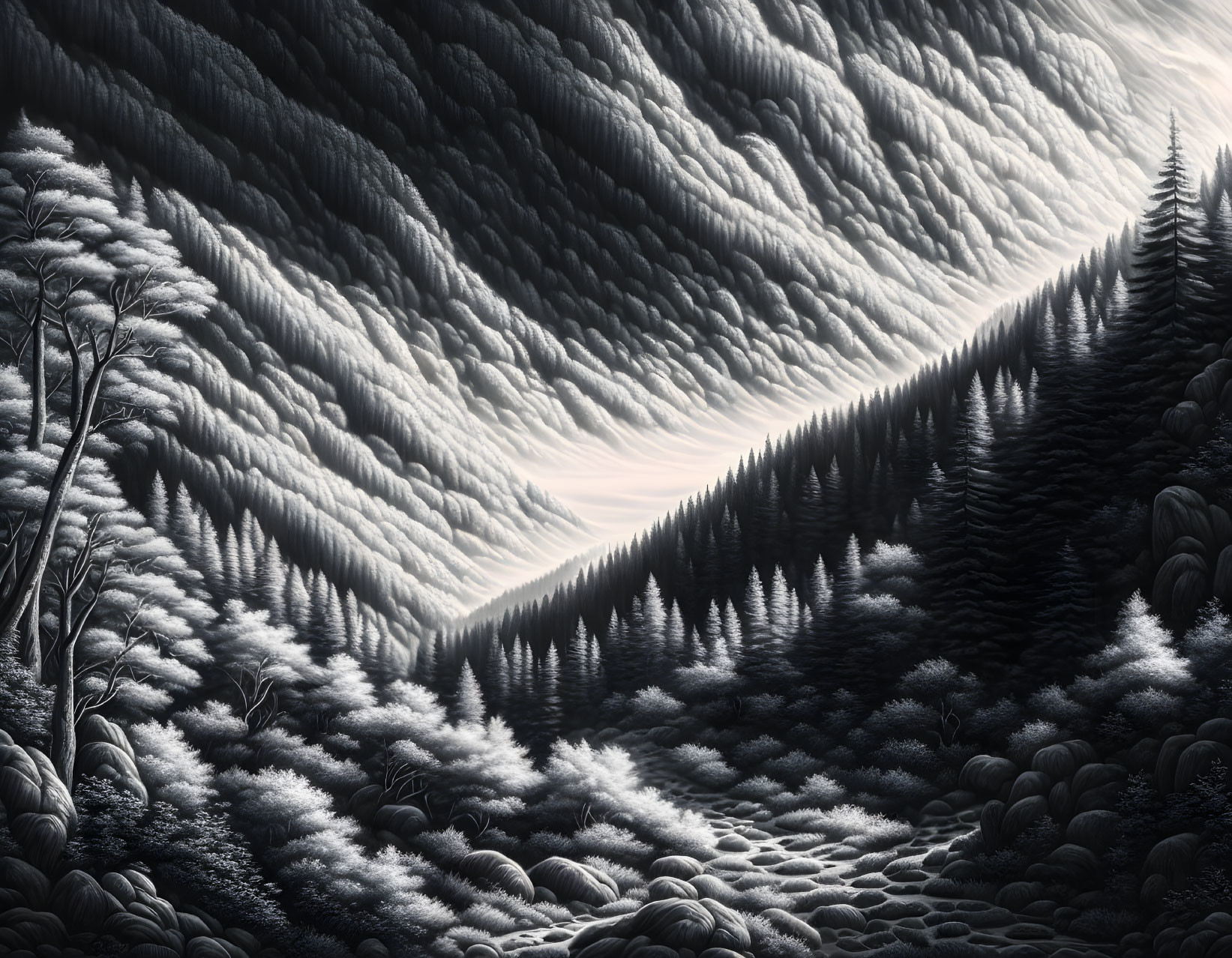 Monochromatic landscape with textured clouds above forest and valley