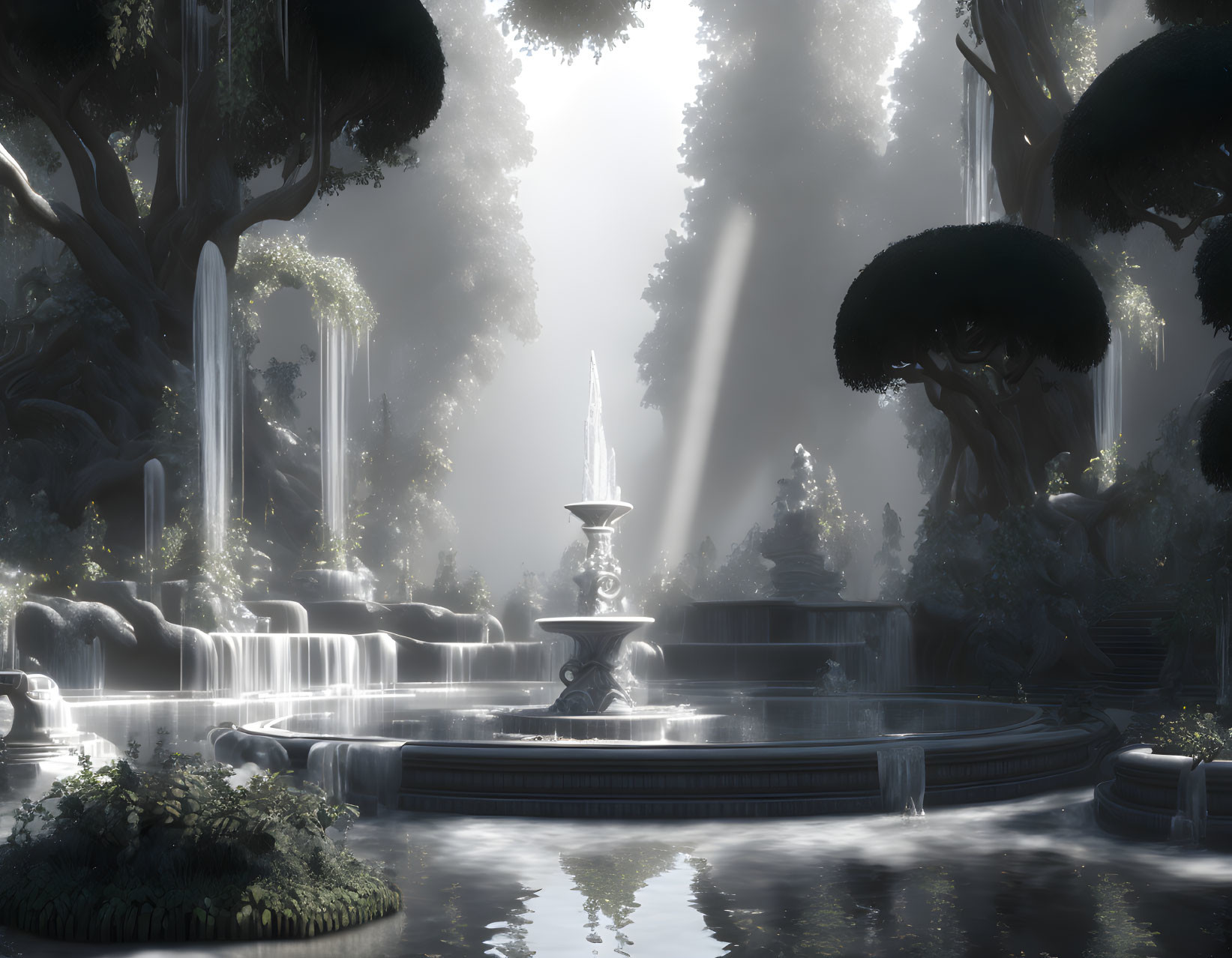 Tranquil forest scene with mist, waterfalls, fountain, and sunlight