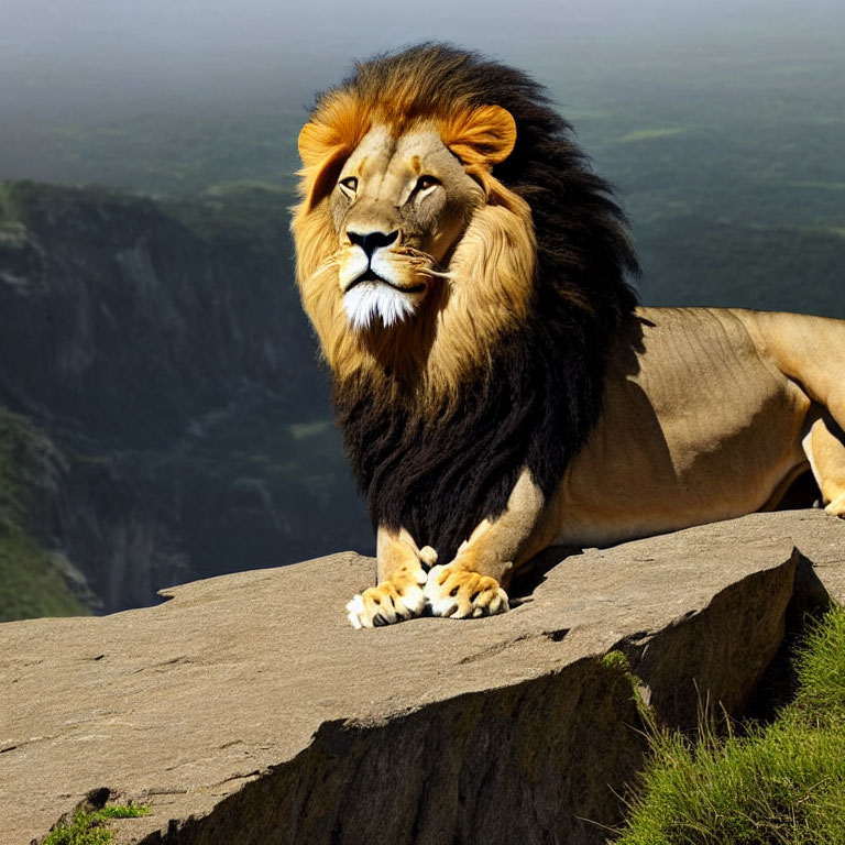 Regal lion with full mane on rocky outcrop overseeing green valley