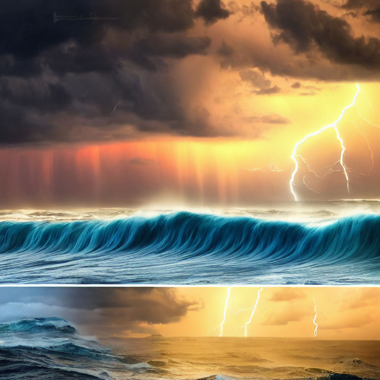 Vivid lightning bolt in dramatic seascape with blue wave