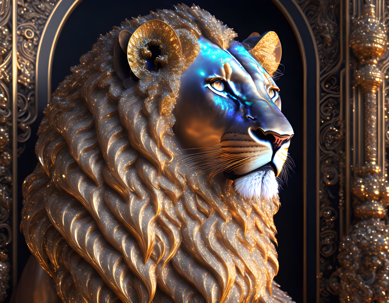 Majestic lion digital art with golden ornate mane on dark background