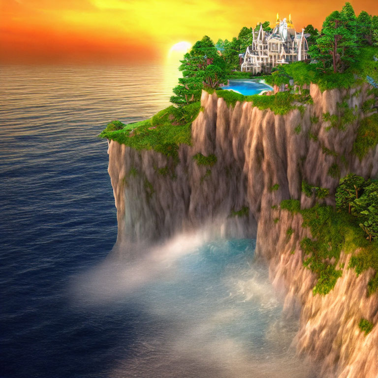 Luxurious mansion on cliff with waterfall into sea at sunset