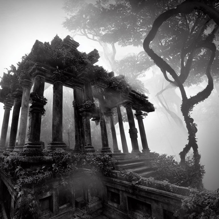 Ethereal black and white image of ancient ruins and foggy forest