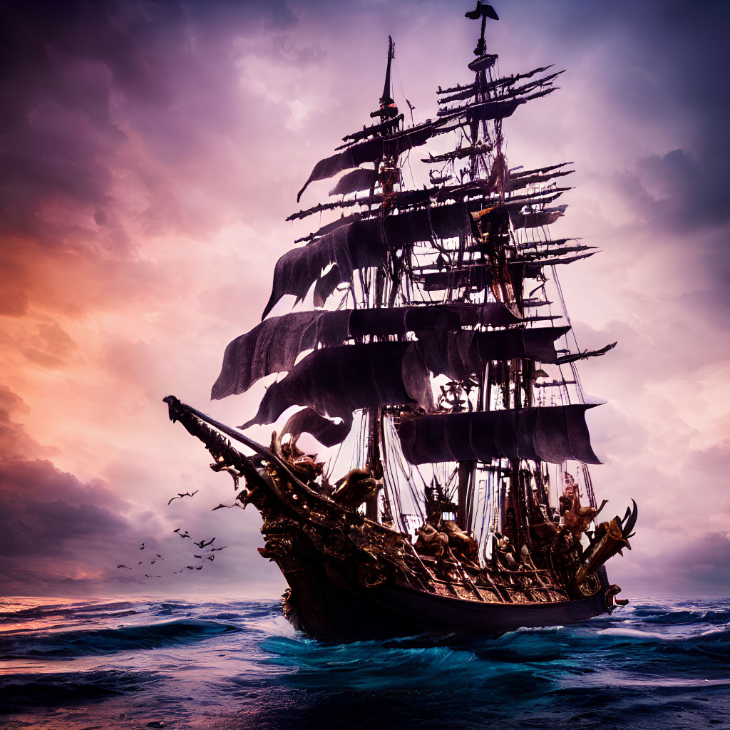 Imposing Pirate Ship with Black Sails in Tumultuous Ocean at Sunset