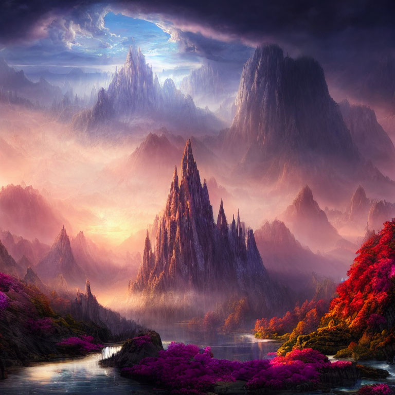 Vibrant pink foliage, majestic mountains, serene river in fantastical landscape