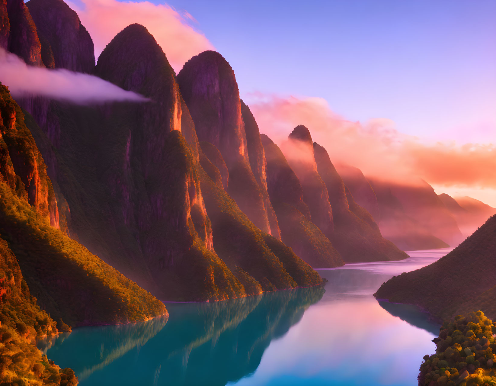 Tranquil river at sunset with misty mountains under pink and blue sky