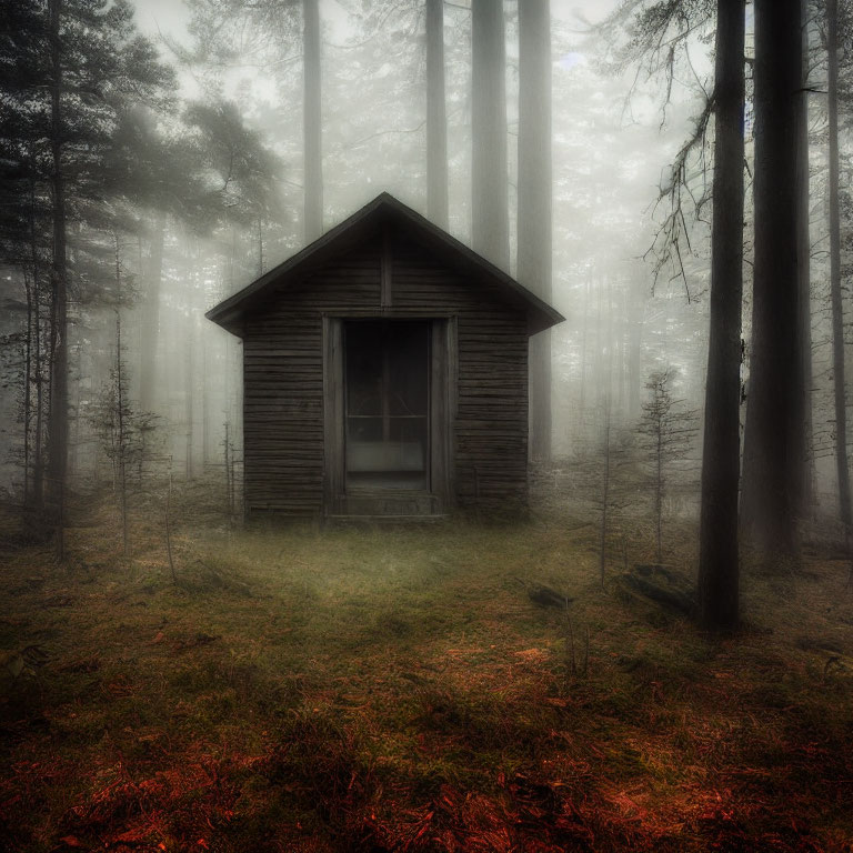 Desolate wooden cabin in misty forest with tall trees