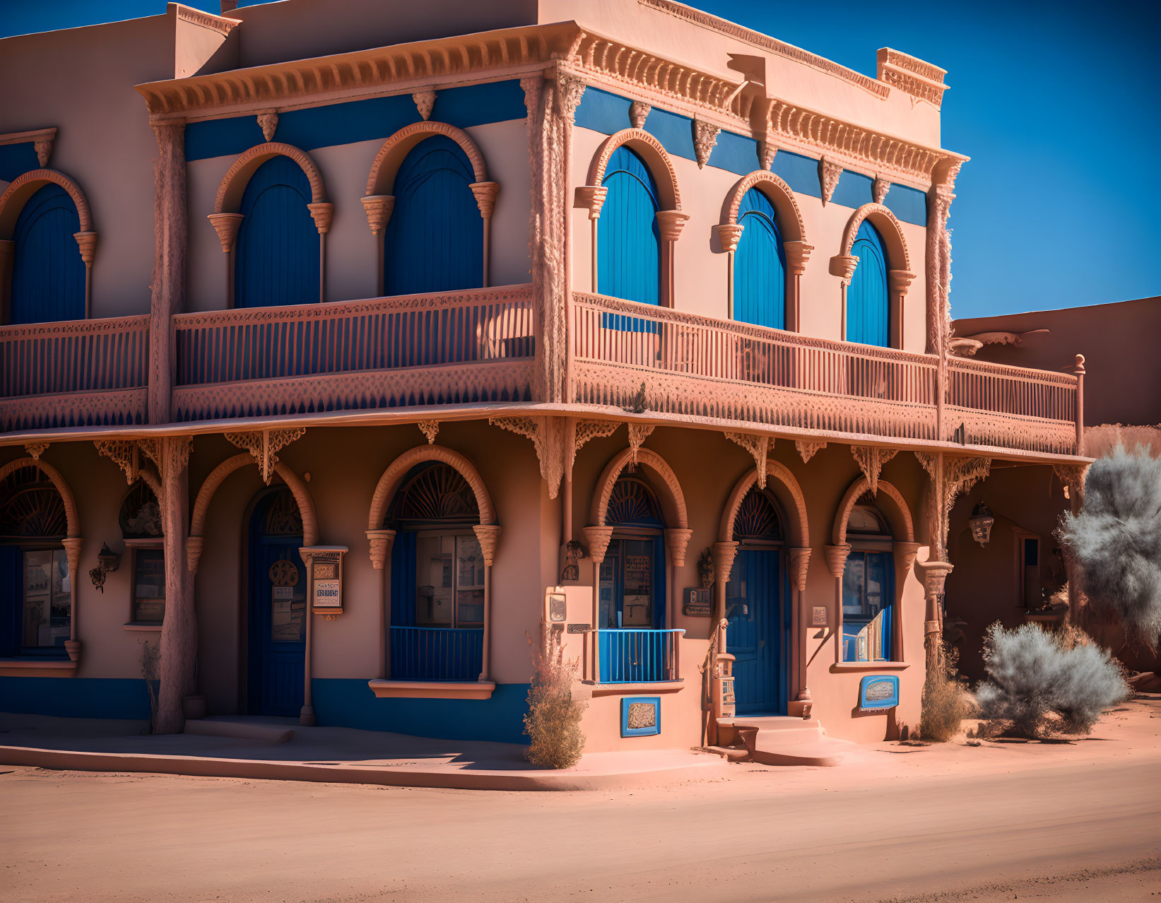 Adobe Two-Story Building with Arched Blue Windows and Balcony