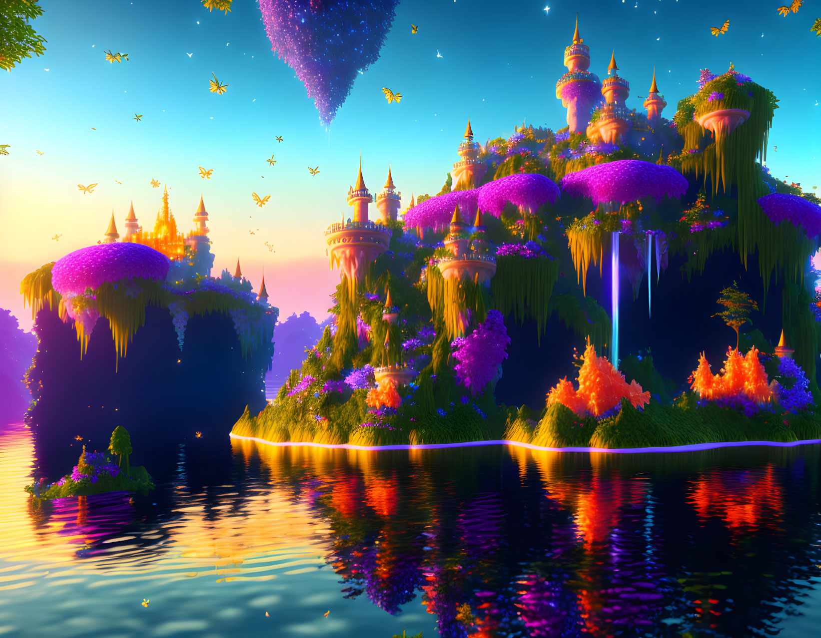 Fantasy landscape with floating islands, waterfalls, and luminous plants under a sunset sky