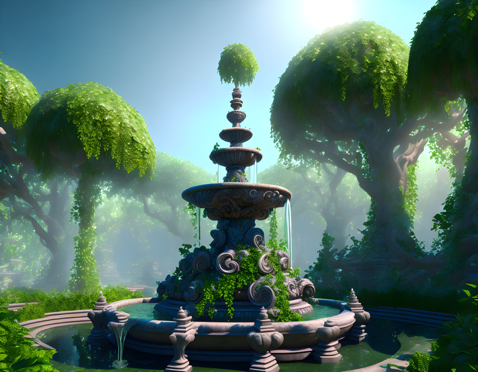 Tranquil forest glade with ornate stone fountain