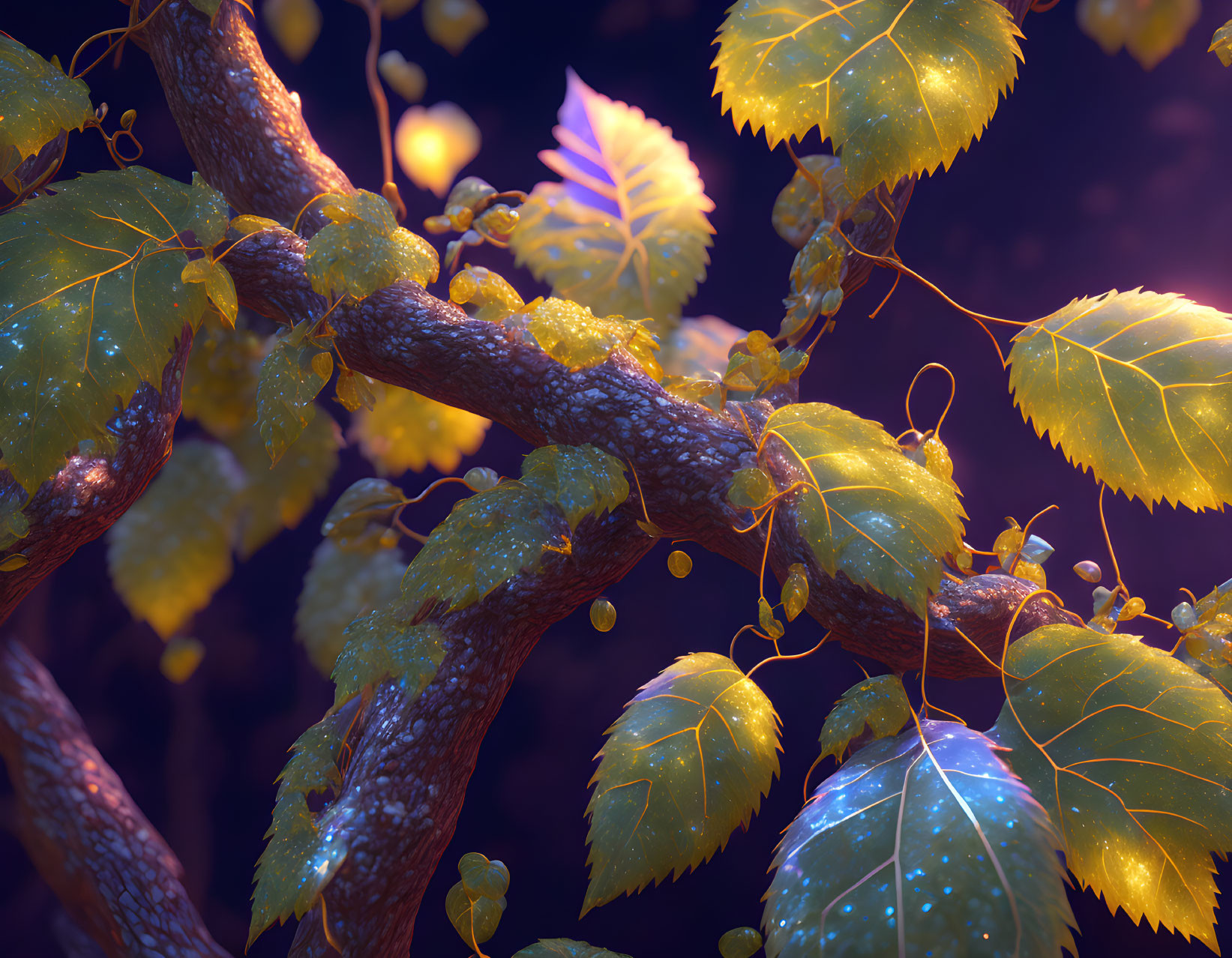 Close-up of vibrant green leaves on a tree branch with dewdrops.