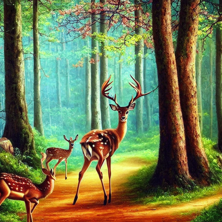 Wildlife: Three deer in forest with green trees and sunlight.