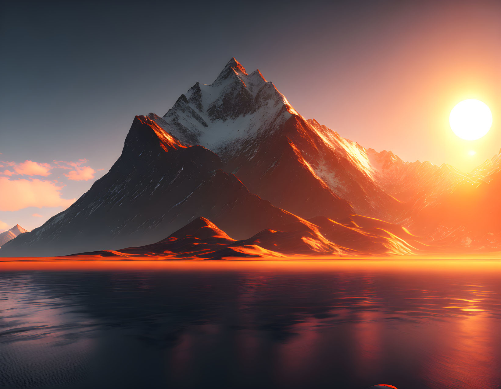 Scenic sunset over serene lake with orange hues and snow-capped mountain