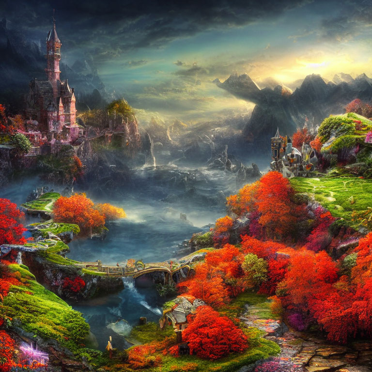 Majestic fantasy landscape with castle, autumn trees, rivers, bridges, and mountains