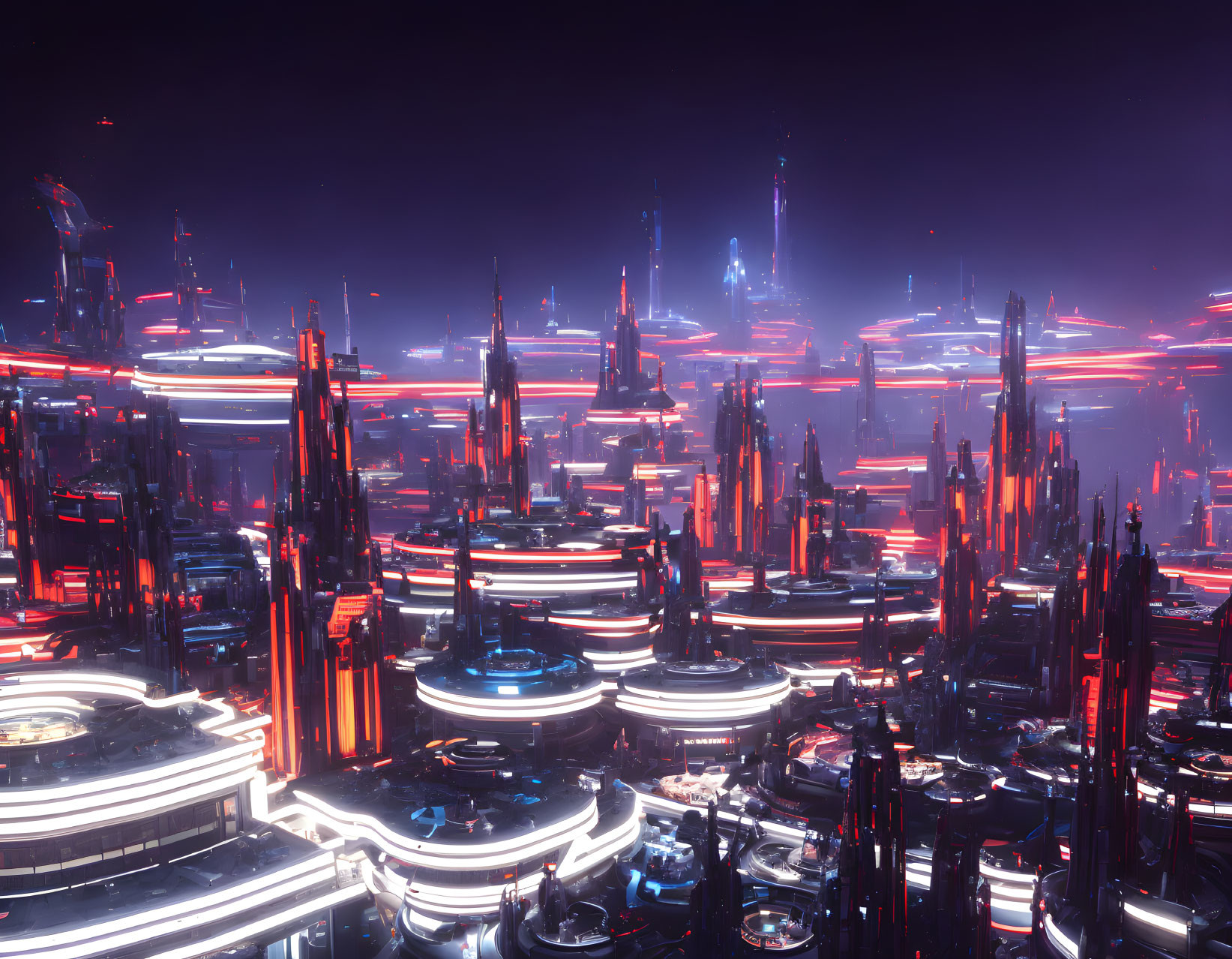 Futuristic night cityscape with neon lights and skyscrapers