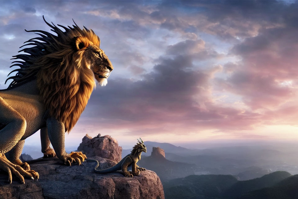 Majestic lion with sun-ray mane and dragon on cliff at dawn