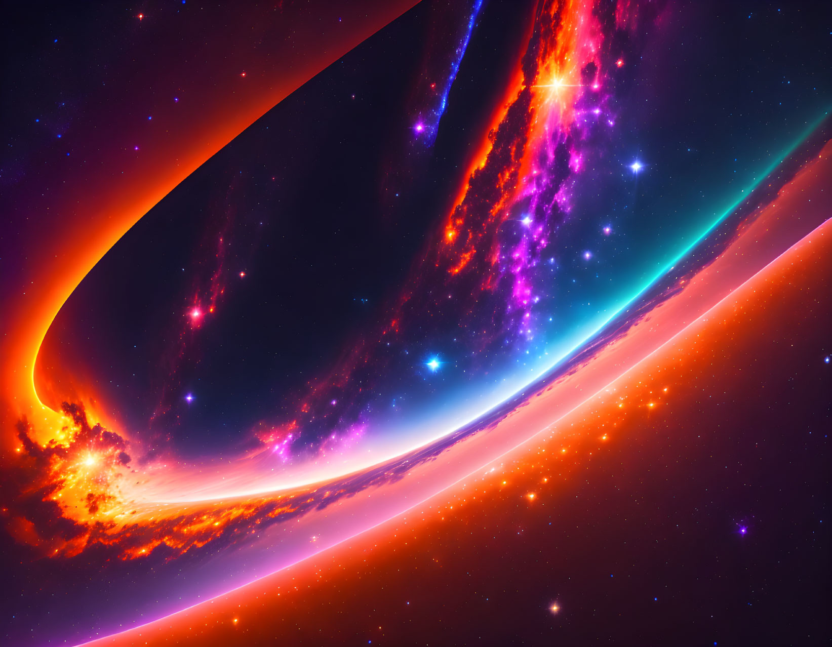 Colorful cosmic scene with swirling blue, purple, and orange hues and bright celestial flare