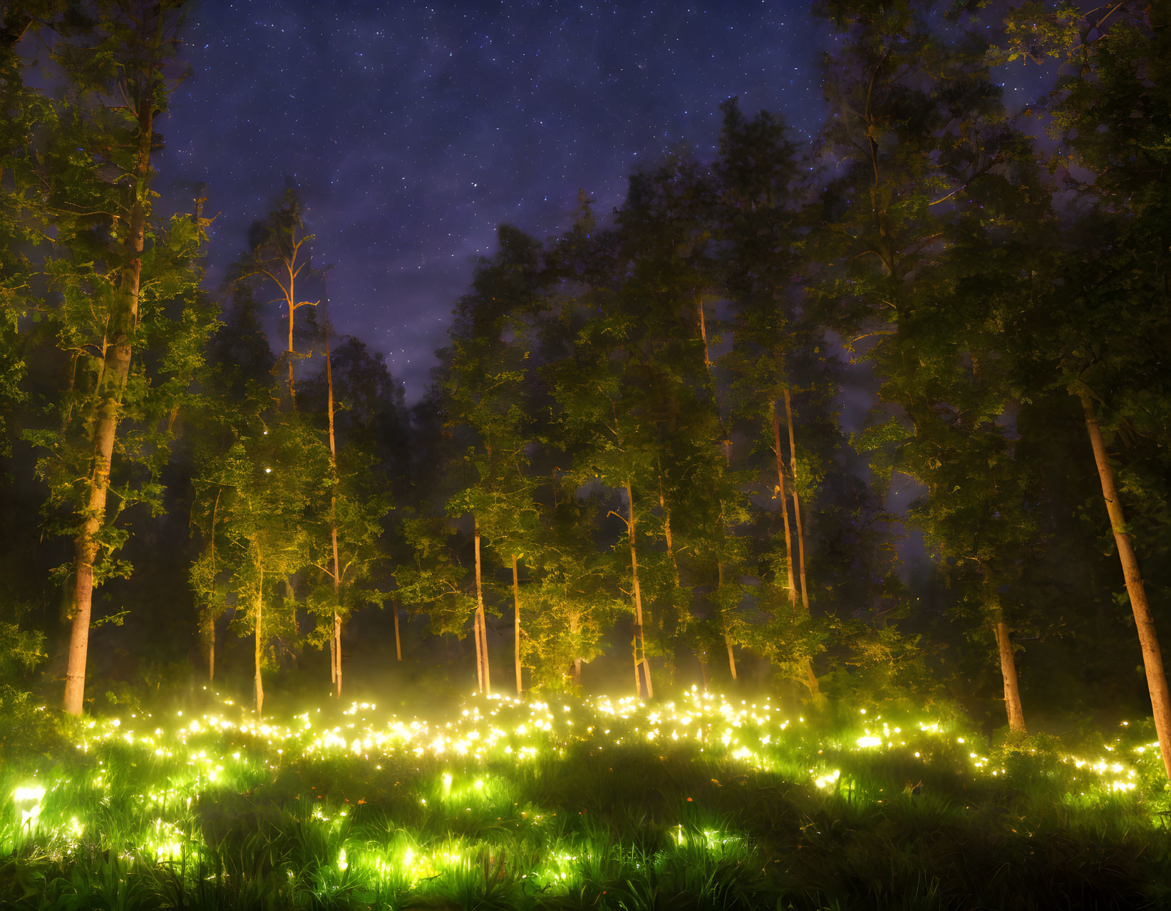 Enchanting forest night scene with fireflies and starlit sky